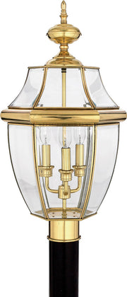 Quoizel NY9043B Newbury Three Light Outdoor Post Lantern, Polished Brass Main Image.jpg