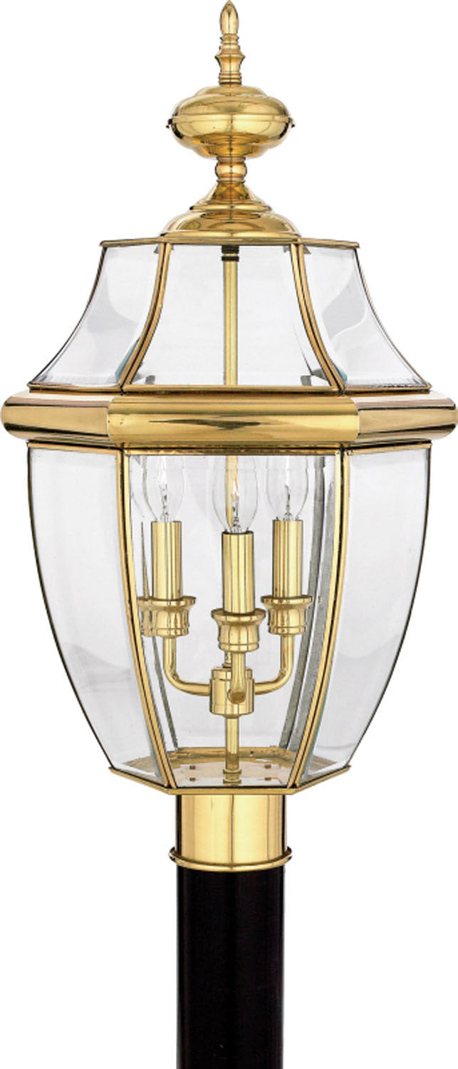 Quoizel NY9043B Newbury Three Light Outdoor Post Lantern, Polished Brass Main Image.jpg