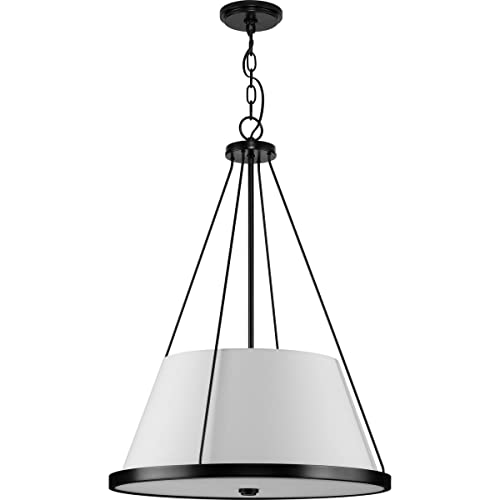 Progress P500357-31M Saffert Collection Three-Light New Traditional Matte Black White Linen Glass Pendant Light Alternate Image.jpg