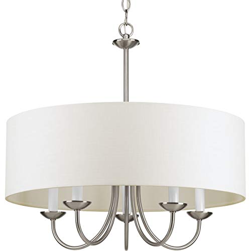 Progress P4217-09 Drum Shade Collection Five-Light Brushed Nickel White Textured Linen Shade Farmhouse Chandelier Light Alternate Image.jpg