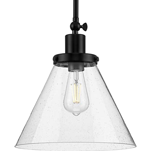 Progress P500324-031 Hinton Collection One-Light Matte Black and Seeded Glass Vintage Style Hanging Pendant Light Alternate Image.jpg