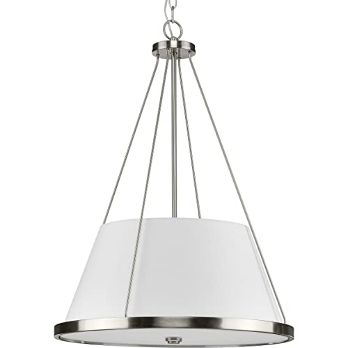 Progress P500357-009 Saffert Collection Three-Light New Traditional Brushed Nickel White Linen Shade Pendant Light Alternate Image.jpg