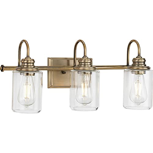 Progress P300322-163 Aiken Collection Three-Light Clear Glass Vintage Style Brass Farmhouse Style Bath Vanity Wall Light Alternate Image.jpg