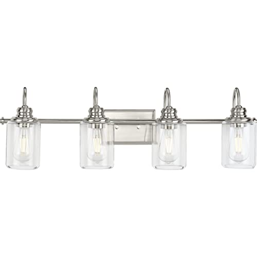 Progress P300323-009 Aiken Collection Four-Light Brushed Nickel Clear Glass Farmhouse Style Bath Vanity Wall Light Alternate Image.jpg