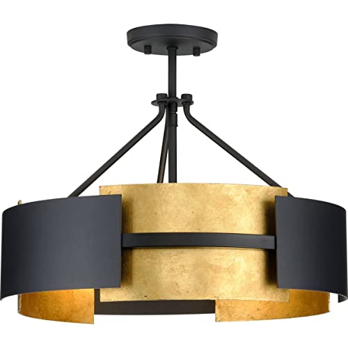 Progress P350203-031 Lowery Collection Three-Light Textured Black/Distressed Gold Convertible Semi-Flush Ceiling or Hanging Pendant Light Alternate Image.jpg