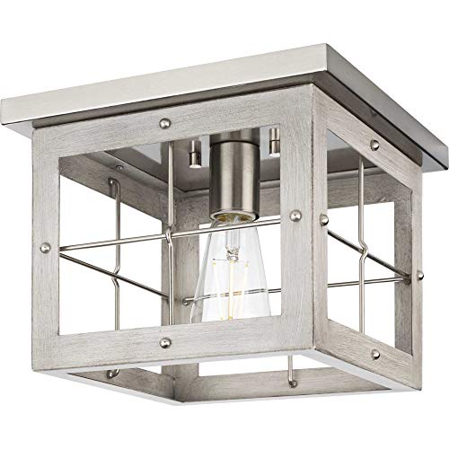 Progress P350197-009 Hedgerow Collection One-Light Brushed Nickel and Grey Washed Oak Farmhouse Style Flush Mount Ceiling Light Alternate Image.jpg
