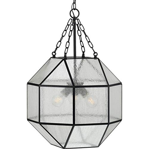 Progress P500222-031 Mauldin Collection Three-Light Matte Black Clear Seeded Glass Global Pendant Light Alternate Image.jpg