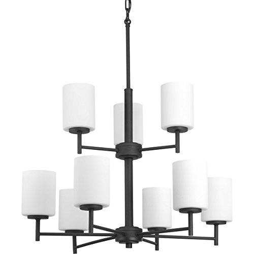Progress P4726-31 Replay Collection Nine-Light Textured Black Etched Painted White Glass Modern Chandelier Light Alternate Image.jpg