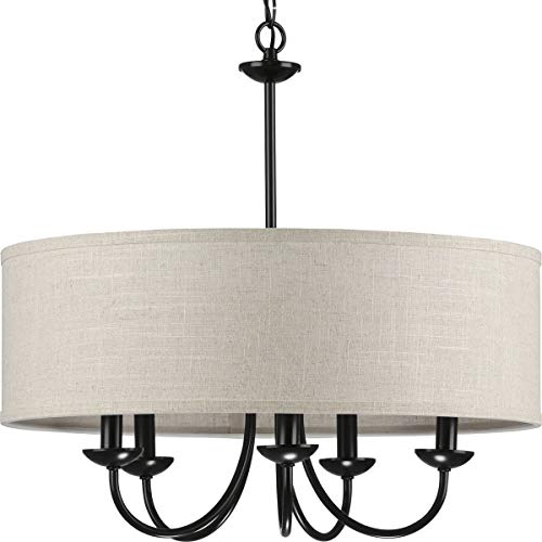 Progress P400193-031 Drum Shade Collection Five-Light Matte Black Harvest Linen Shade Farmhouse Chandelier Light Alternate Image.jpg