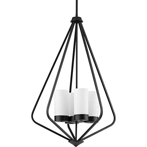 Progress P500305-031 Elevate Collection Four-Light Matte Black and Etched White Glass Modern Style Hanging Pendant Light Alternate Image.jpg