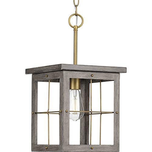 Progress P500317-175 Hedgerow Collection One-Light Distressed Brass and Aged Oak Farmhouse Style Hanging Mini-Pendant Light Alternate Image.jpg