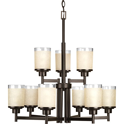 Progress P4626-20 Alexa Collection Nine-Light Antique Bronze Etched Umber Linen With Clear Edge Glass Modern Chandelier Light Alternate Image.jpg