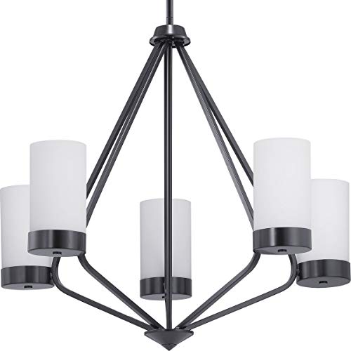 Progress P400022-031 Elevate Collection Five-Light Matte Black Etched White Glass Mid-Century Modern Chandelier Light Alternate Image.jpg