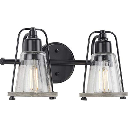 Progress P300296-031 Conway Collection Two-Light Matte Black and Clear Seeded Farmhouse Style Bath Vanity Wall Light Alternate Image.jpg