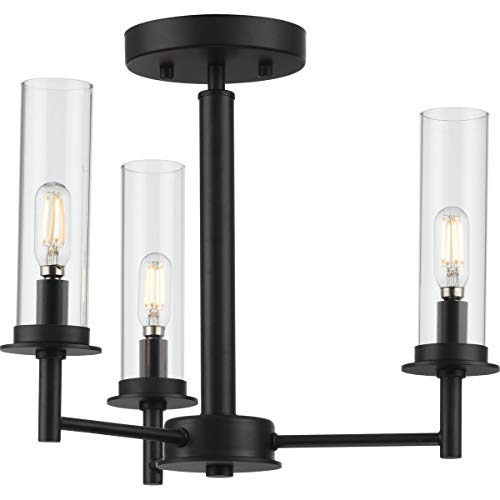 Progress P400250-031 Kellwyn Collection Three-Light Matte Black and Clear Glass Transitional Style Convertible Semi-Flush Ceiling or Hanging Pendant Light Alternate Image.jpg