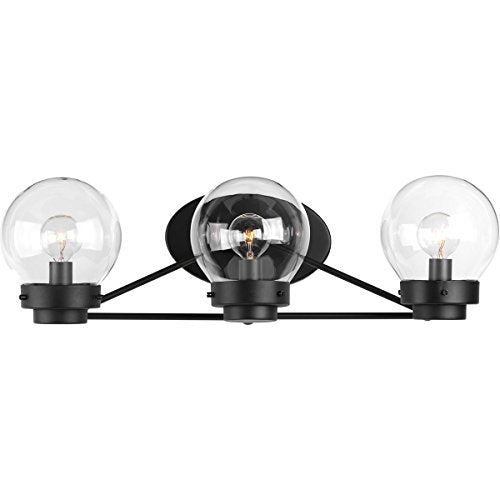 Progress P300114-031 Spatial Collection Three-Light Matte Black Clear Glass Global Bath Vanity Light Alternate Image.jpg