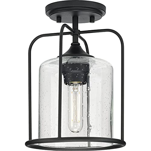 Progress P550110-031 Watch Hill Collection  One-Light Textured Black Clear Seeded Glass Farmhouse Semi-Flush Light Alternate Image.jpg