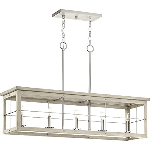 Progress P400254-009 Hedgerow Collection Five-Light Brushed Nickel and Grey Washed Oak Farmhouse Style Linear Island Chandelier Light Alternate Image.jpg