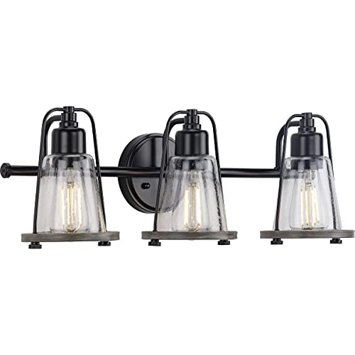 Progress P300297-031 Conway Collection Three-Light Matte Black and Clear Seeded Farmhouse Style Bath Vanity Wall Light Alternate Image.jpg