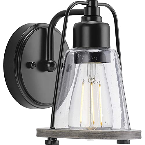 Progress P300295-031 Conway Collection One-Light Matte Black and Clear Seeded Farmhouse Style Bath Vanity Wall Light Alternate Image.jpg