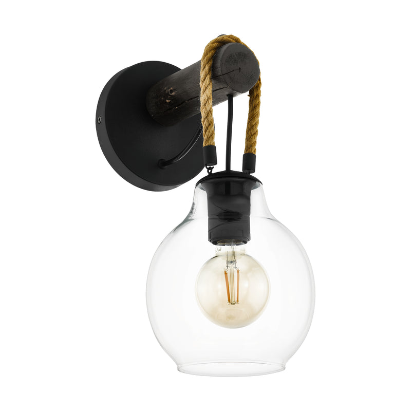EGLO 43619A Roding Rodding 1 Light Wall Sconce with Structured  Black Finish, Brown Roping and Clear Glass Shade, 1x60W A19 Bulb Main Image.jpg