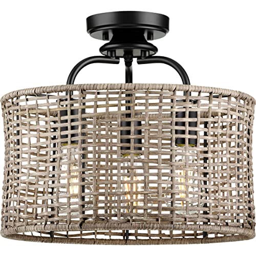 Progress P350183-031 Lavelle Collection Three-Light Matte Black and Mocha finish Rattan Convertible Semi-Flush Ceiling or Hanging Pendant Light Alternate Image.jpg
