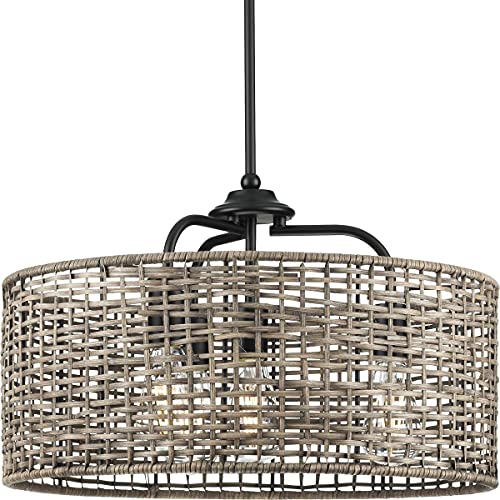Progress P500308-031 Lavelle Collection Four-Light Matte Black and Mocha finish Rattan Hanging Pendant Light Alternate Image.jpg
