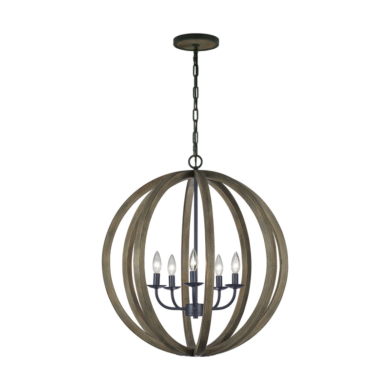 Visual Comfort Studio F2936/5WOW/AF Allier Five Light Pendant, Weathered Oak Wood / Antique Forged Iron Main Image.jpg