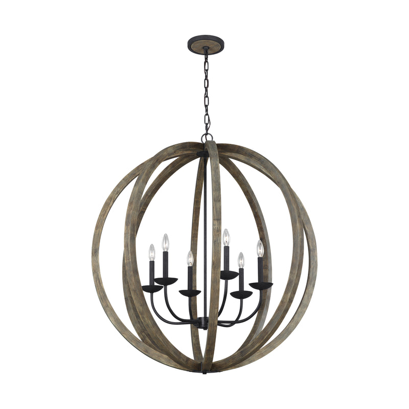Visual Comfort Studio F3186/6WOW/AF Allier Six Light Pendant, Weathered Oak Wood / Antique Forged Iron Main Image.jpg