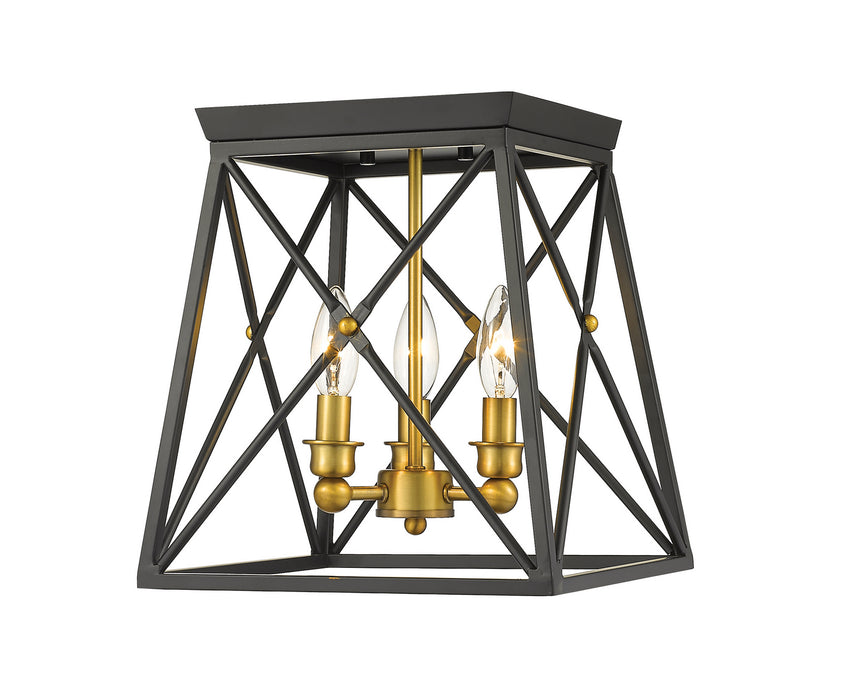 Z-Lite 447F11-MB-OBR Trestle Three Light Flush Mount, Matte Black / Olde Brass Main Image.jpg