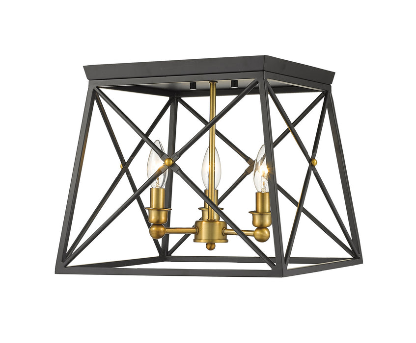 Z-Lite 447F14-MB-OBR Trestle Three Light Flush Mount, Matte Black / Olde Brass Main Image.jpg