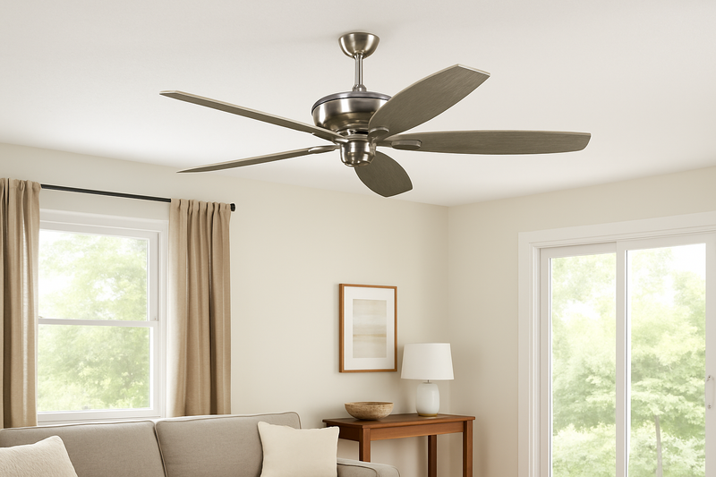 Generation Lighting 5DVR60BS Dover DC Motor 60" Ceiling Fan with 5 Blades, Brushed Steel Hardware and Light Grey Weathered Oak Blades