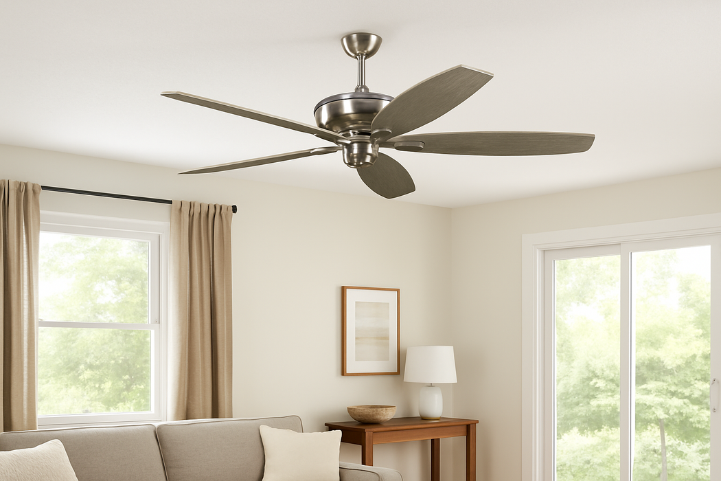 Generation Lighting 5DVR60BS Dover DC Motor 60" Ceiling Fan with 5 Blades, Brushed Steel Hardware and Light Grey Weathered Oak Blades
