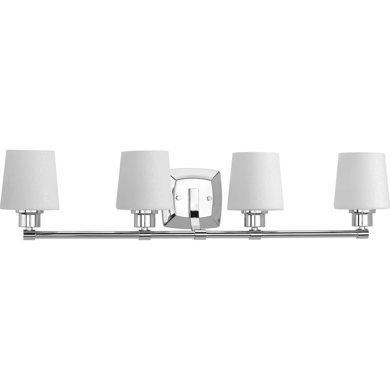 Progress P300019-015 Glance Collection Four-Light Polished Chrome Etched White Linen Glass Farmhouse Bath Vanity Light Main Image.jpg