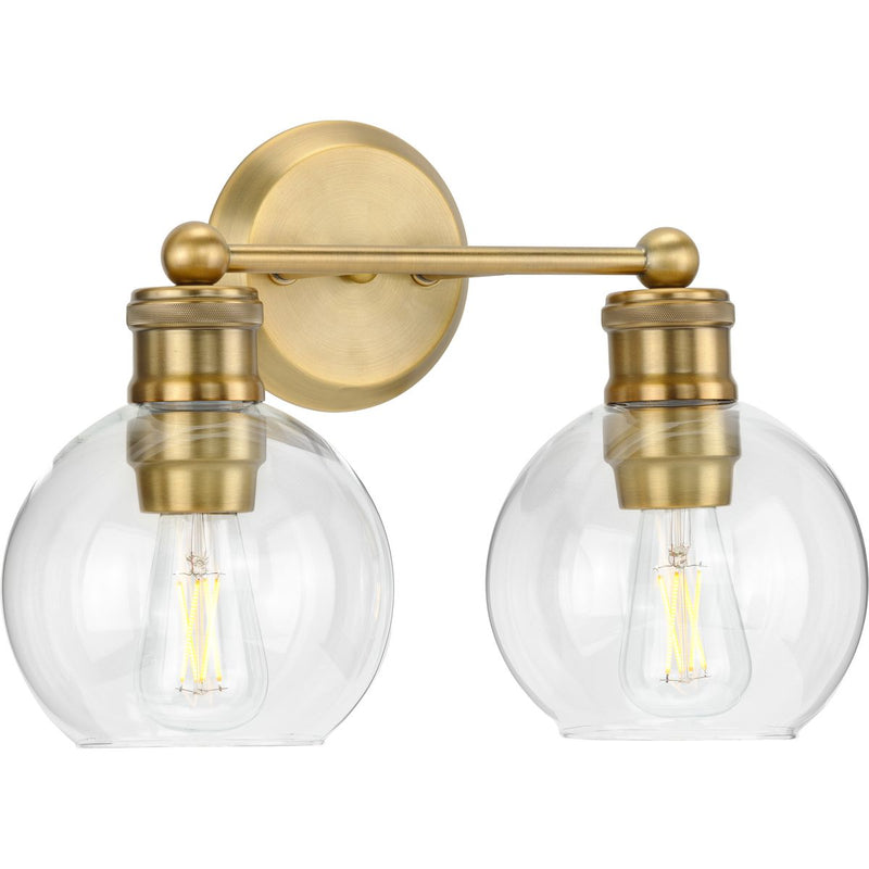 Progress P300050-163 Hansford Collection Two-Light Vintage Brass Clear Glass Farmhouse Bath Vanity Light Main Image.jpg