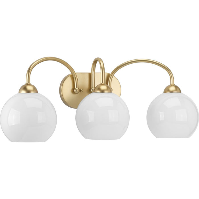 Progress P300086-078 Carisa Collection Three-Light Vintage Gold Opal Glass Mid-Century Modern Bath Vanity Light Main Image.jpg