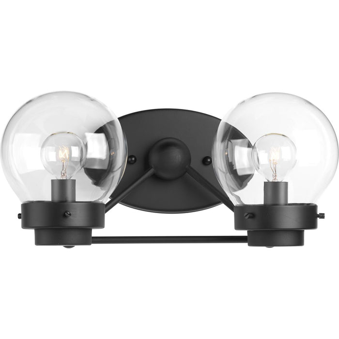 Progress P300113-031 Spatial Collection Two-Light Matte Black Clear Glass Global Bath Vanity Light Main Image.jpg