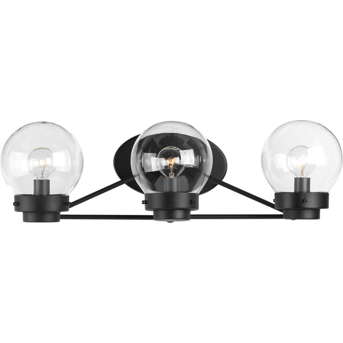 Progress P300114-031 Spatial Collection Three-Light Matte Black Clear Glass Global Bath Vanity Light Main Image.jpg