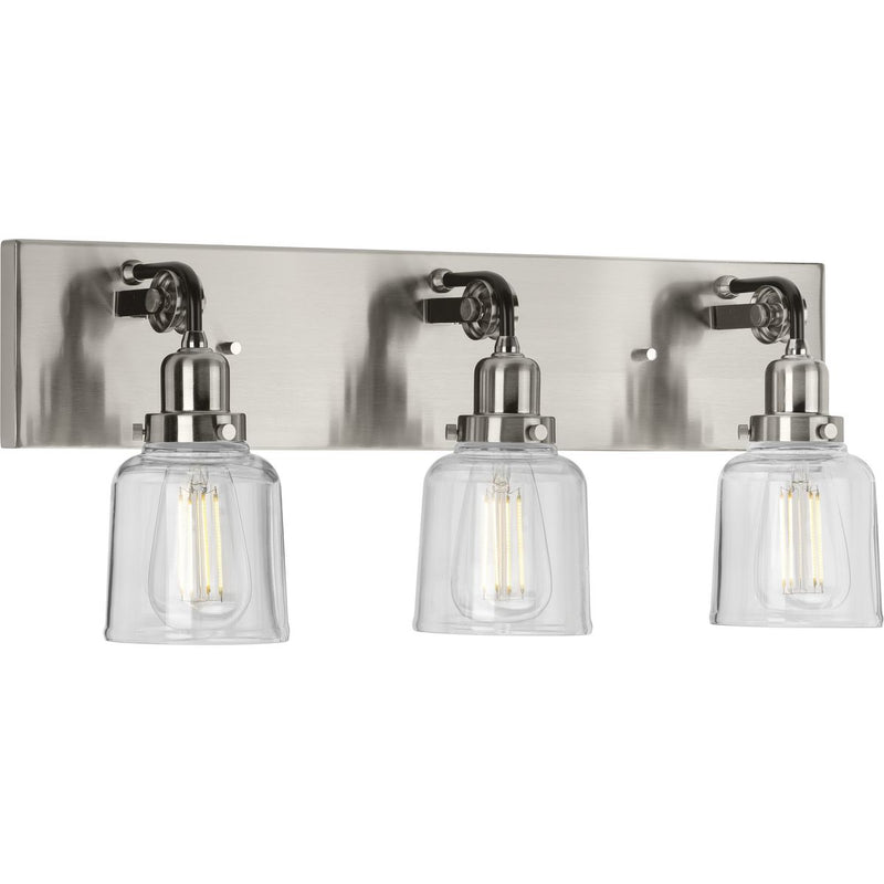 Progress P300228-009 Rushton Collection Three-Light Brushed Nickel Clear Glass Farmhouse Bath Vanity Light Main Image.jpg