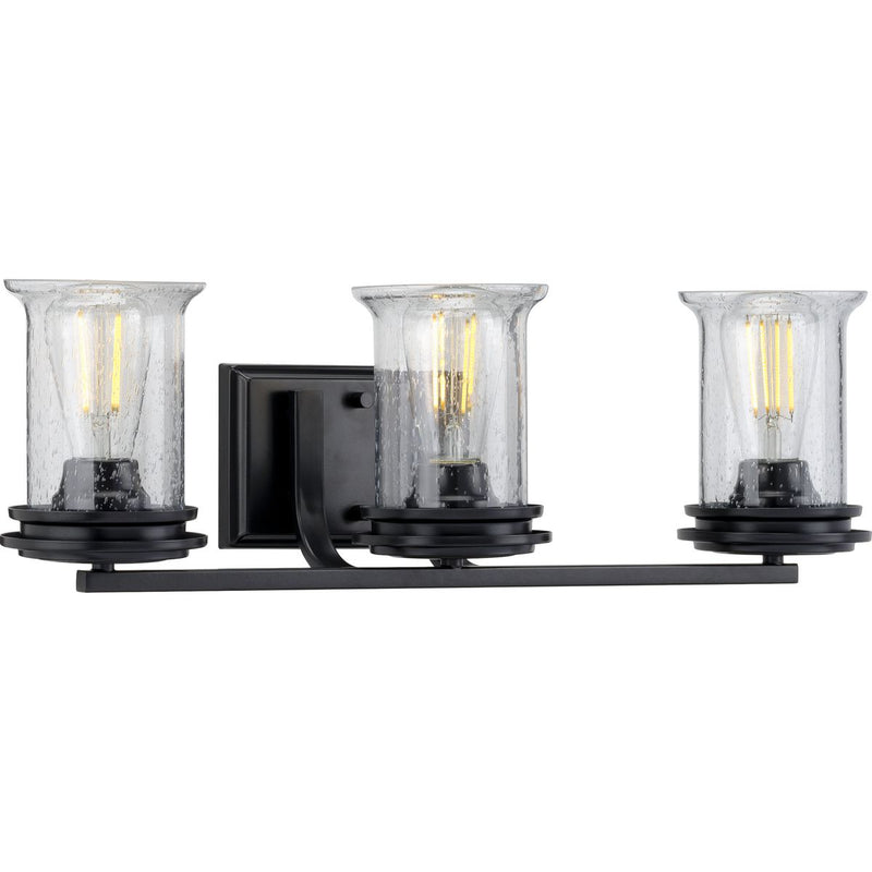 Progress P300274-031 Winslett Collection Three-Light Matte Black Clear Seeded Glass Coastal Bath Vanity Light Main Image.jpg