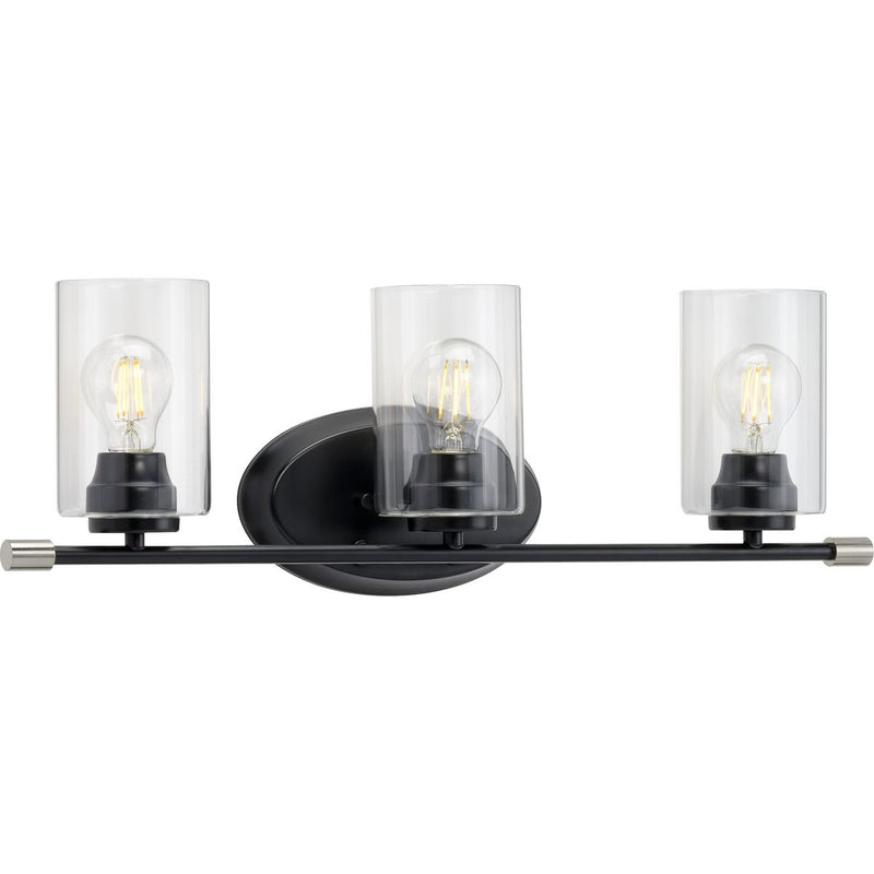 Progress P300278-031 Riley Collection Three-Light Matte Black Clear Glass Modern Bath Vanity Light Main Image.jpg