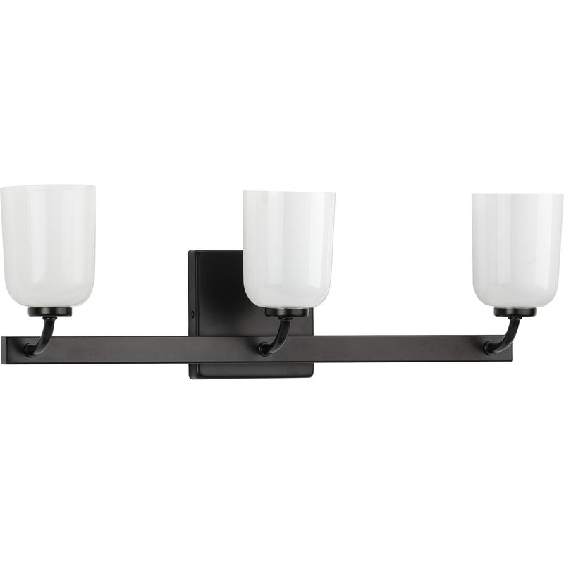 Progress P300282-031 Moore Collection Three-Light Matte Black White Opal Glass Luxe Bath Vanity Light Main Image.jpg