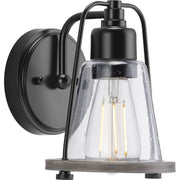 Progress P300295-031 Conway Collection One-Light Matte Black and Clear Seeded Farmhouse Style Bath Vanity Wall Light Main Image.jpg