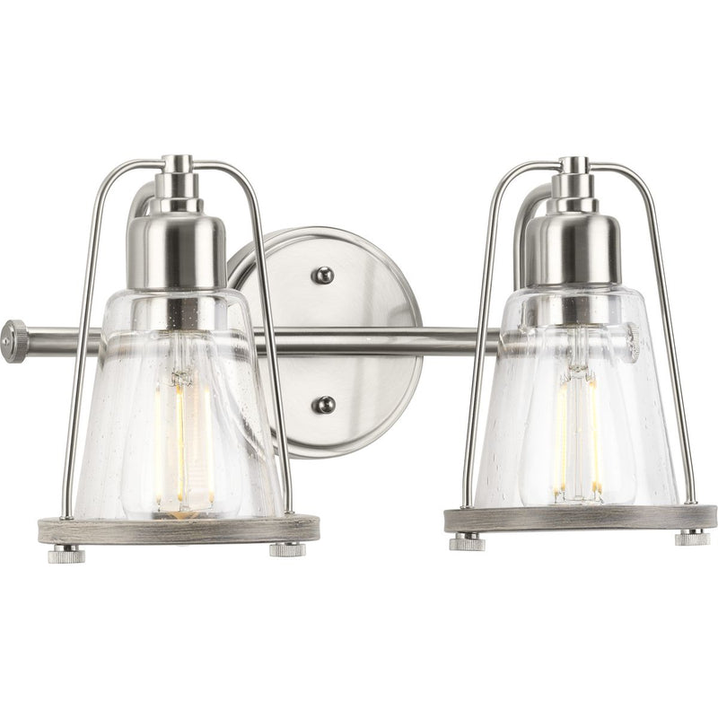 Progress P300296-009 Conway Collection Two-Light Brushed Nickel and Clear Seeded Farmhouse Style Bath Vanity Wall Light Main Image.jpg