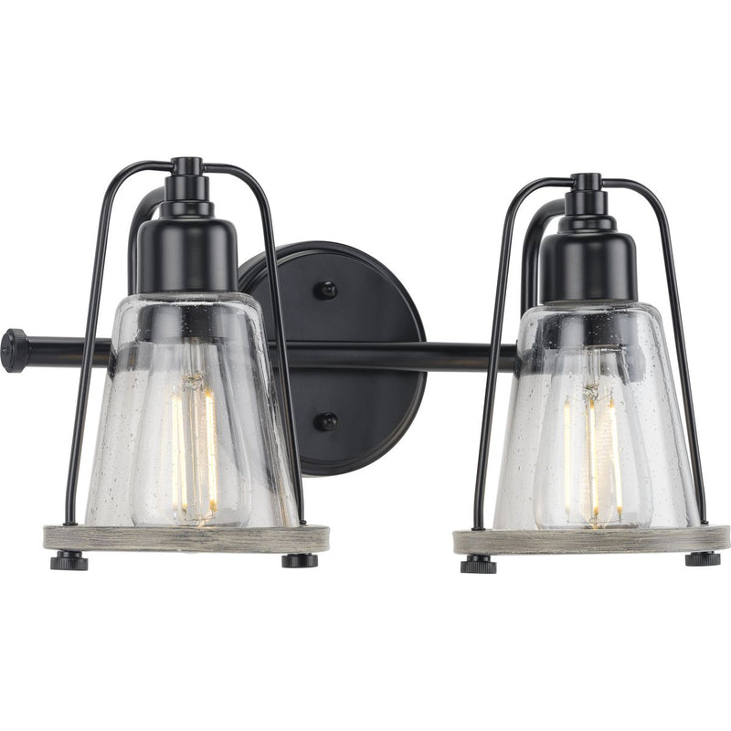Progress P300296-031 Conway Collection Two-Light Matte Black and Clear Seeded Farmhouse Style Bath Vanity Wall Light Main Image.jpg
