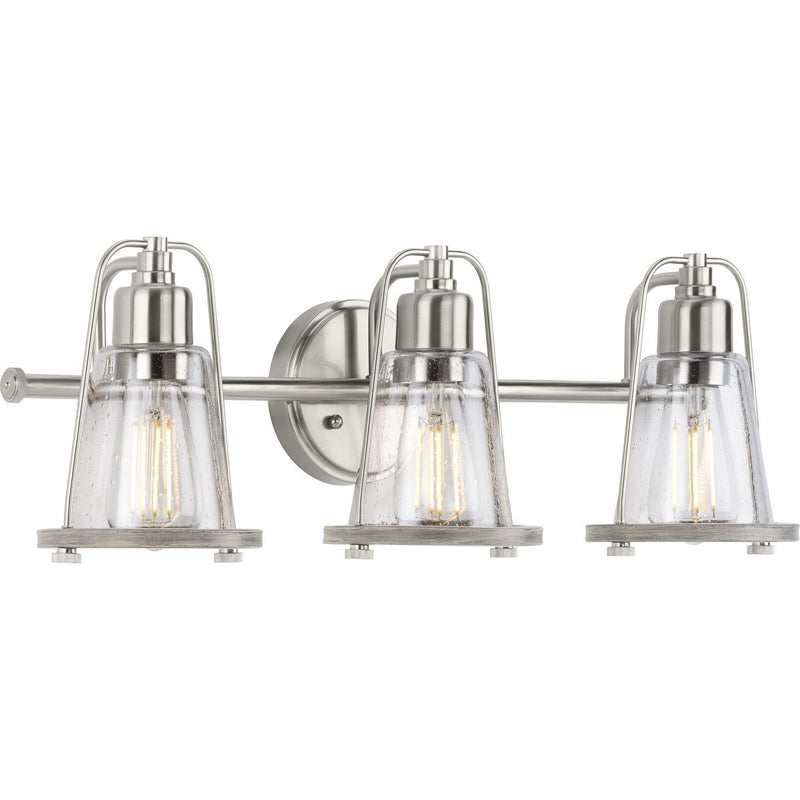 Progress P300297-009 Conway Collection Three-Light Brushed Nickel and Clear Seeded Farmhouse Style Bath Vanity Wall Light Main Image.jpg