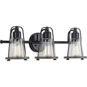 Progress P300297-031 Conway Collection Three-Light Matte Black and Clear Seeded Farmhouse Style Bath Vanity Wall Light Main Image.jpg
