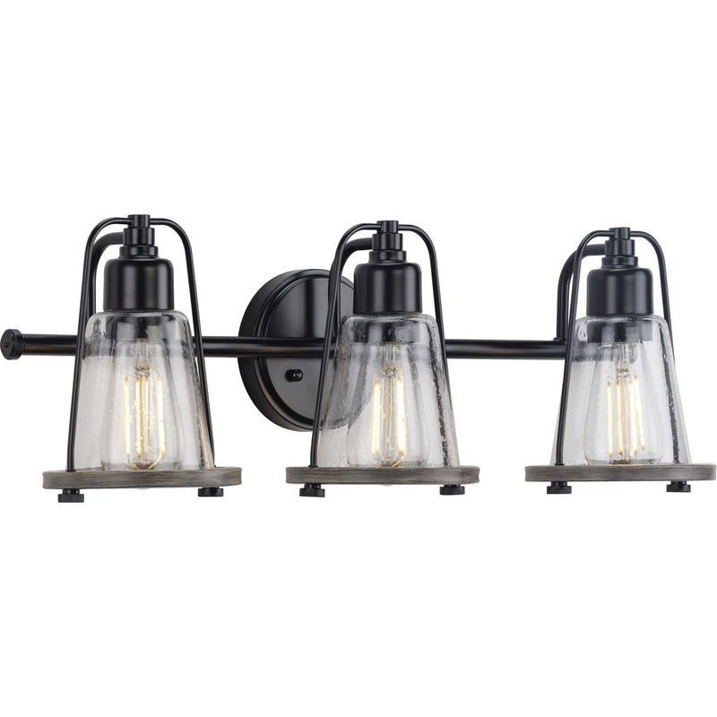 Progress P300297-031 Conway Collection Three-Light Matte Black and Clear Seeded Farmhouse Style Bath Vanity Wall Light Main Image.jpg