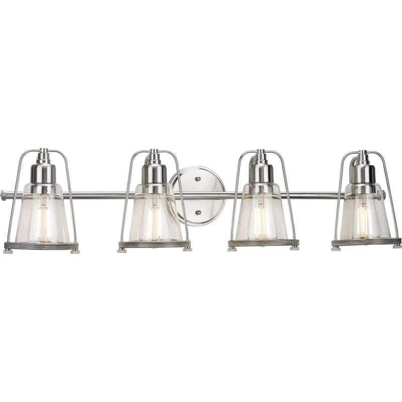 Progress P300298-009 Conway Collection Four-Light Brushed Nickel and Clear Seeded Farmhouse Style Bath Vanity Wall Light Main Image.jpg
