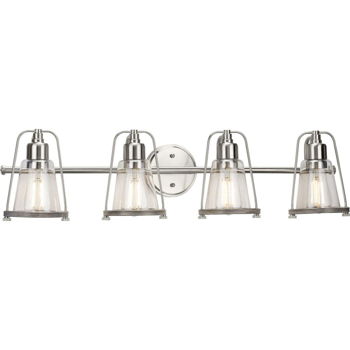 Progress P300298-009 Conway Collection Four-Light Brushed Nickel and Clear Seeded Farmhouse Style Bath Vanity Wall Light Main Image.jpg